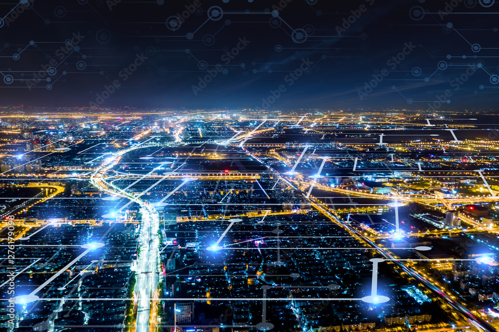 Modern city with wireless network connection concept Modern city with wireless network connection concept