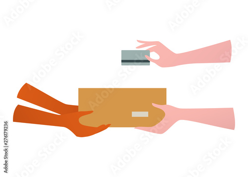 Payment by credit card. Receiving package from courier to customer. Delivery concept.