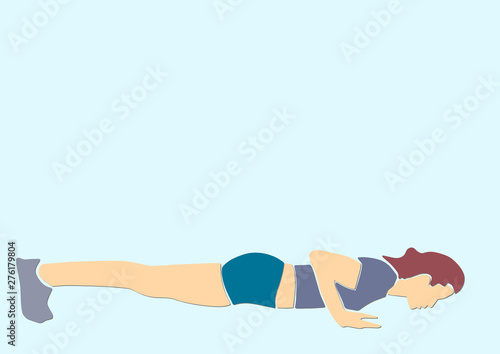 Sporty woman doing push-ups or plank. Fitness concept abstract illustration. Vector sport cartoon. Applique or paper cut style.