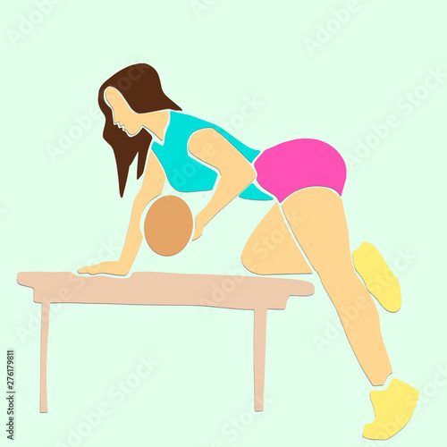Sporty woman pumps up biceps and triceps with a dumbbell on bench. Weight training or strength exercise. Fitness concept colorful abstract illustration. Vector sport cartoon.