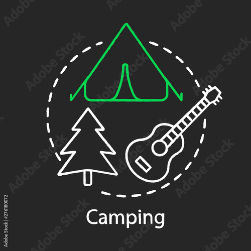 Camping chalk concept icon. Family time together idea. Family trip. Overnight staying in tent. Outdoor accommodation. Vector isolated chalkboard illustration