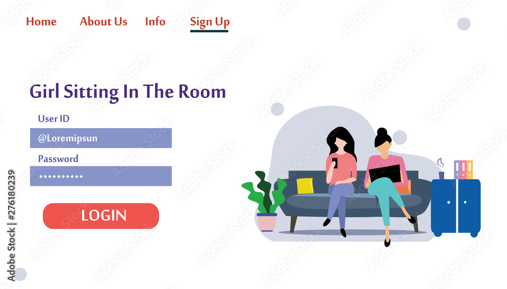 A girl sitting in the room on the sofa Work on the laptop. Vector flat illustration.landing page template, cartoon style A girl sitting in the room on the sofa Work on the laptop. Vector flat illustration.landing page template, cartoon style