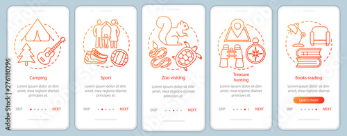 Family time together onboarding mobile app page screen with linear concepts. Zoo visiting. Five walkthrough steps graphic instructions. Sport and camping. UX, UI, GUI vector template, illustrations