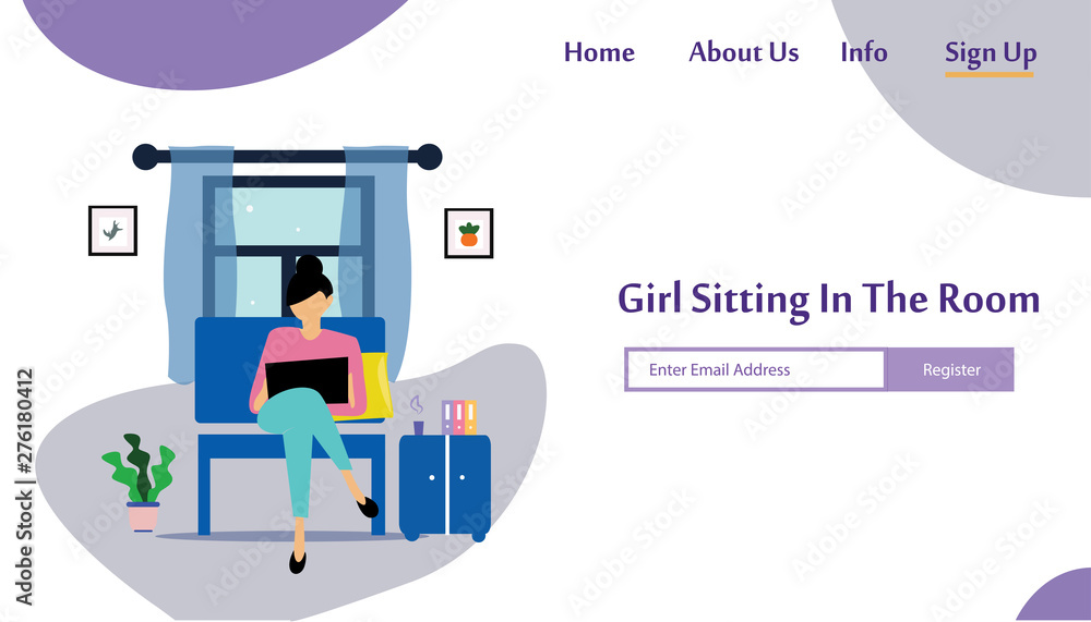 A girl sitting in the room on the sofa playing with gadget. Vector flat illustration.landing page template, cartoon style
