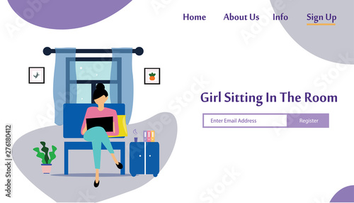 A girl sitting in the room on the sofa playing with gadget. Vector flat illustration.landing page template, cartoon style