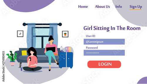 A girl sitting in the room on the sofa playing with gadget. Vector flat illustration.landing page template, cartoon style