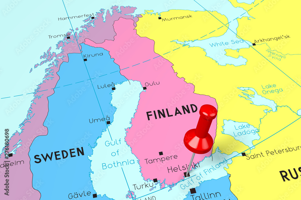Obraz premium Finland, Helsinki - capital city, pinned on political map