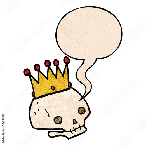 cartoon skull and crown and speech bubble in retro texture style