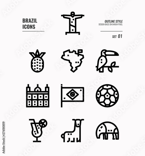 Brazil line icon set 1. Include map, Brazil landmark, animal, football and more. Outline icons Design. vector