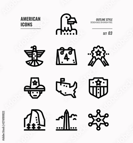 American line icon set 3. Include Eagle sign, USA map, Landscape and more. Outline icons Design. vector
