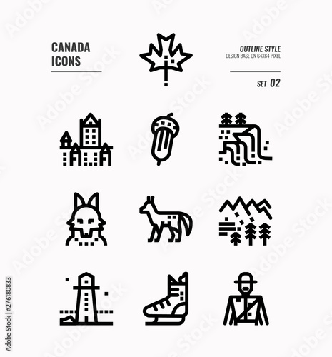 Canada line icon set 2. Include Canada landmark, Maple leaf, landscape, red fox and more. Outline icons Design. vector