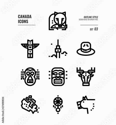 Canada line icon set 3. Include Canada map, aboriginal, bear and more. Outline icons Design. vector
