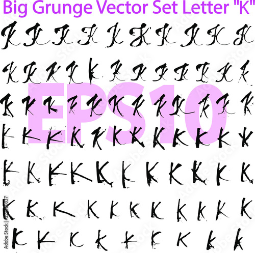 Big Grunge Vector Set Letter "K". Different styles of writing large and small letters "K". Hand drawn letters with black ink. EPS10