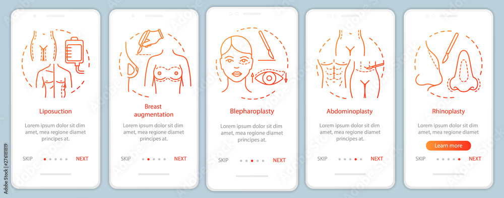 Εκτύπωση καμβά Plastic surgery clinic services onboarding mobile app page screen vector templat