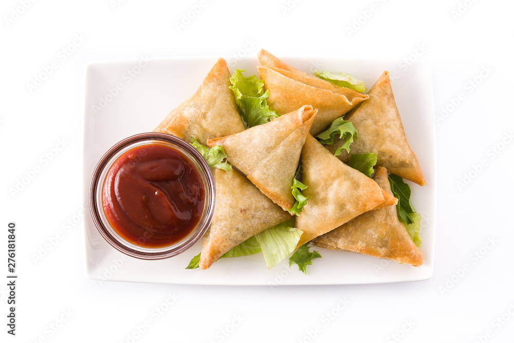 Samsa or samosas with meat and vegetables isolated on white background . Traditional Indian food. Top view. Samsa or samosas with meat and vegetables isolated on white background . Traditional Indian food. Top view.