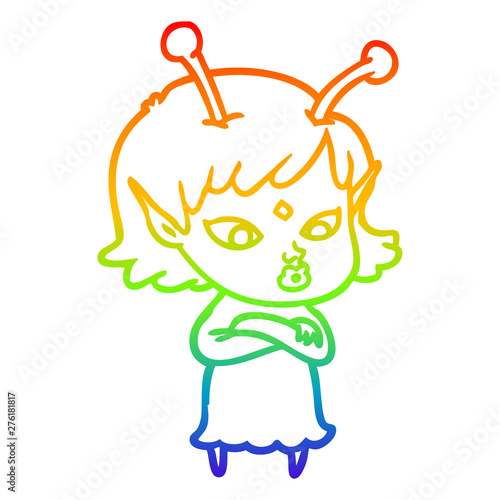 rainbow gradient line drawing pretty cartoon alien girl