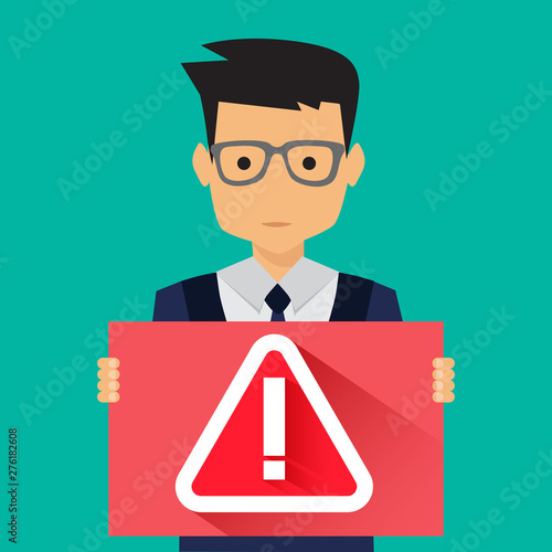 man holding banner with warning alert sign and exclamation mark symbol, vector illustration