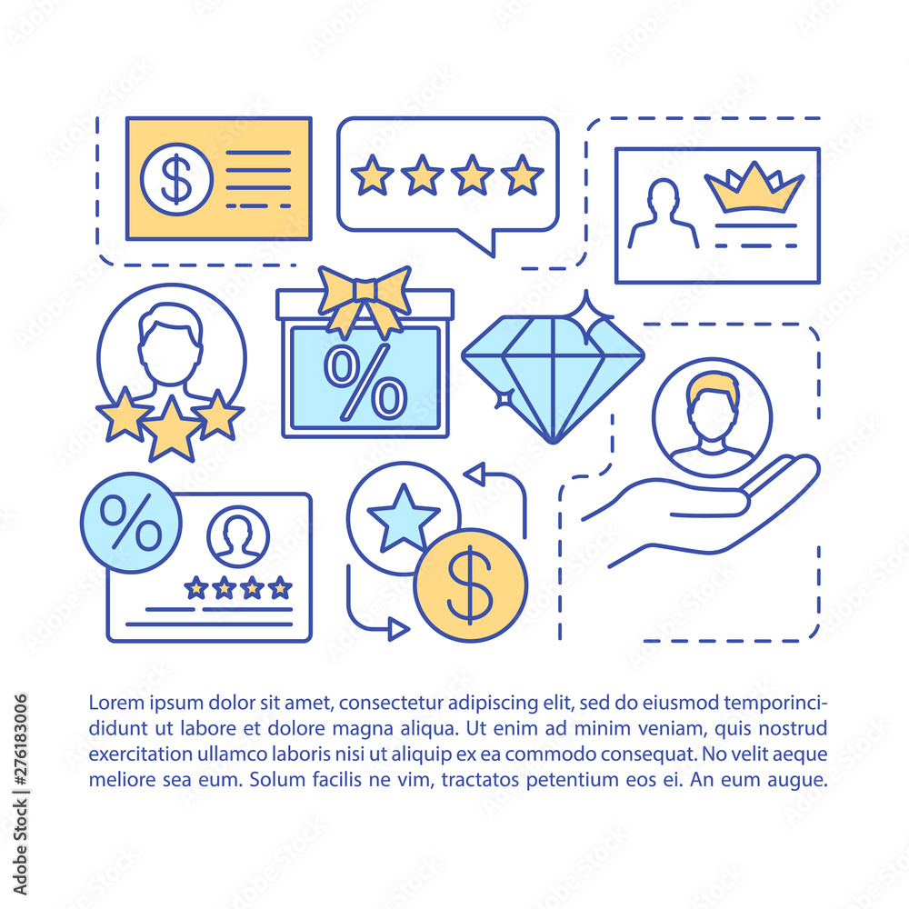 Fototapeta premium Referral marketing program article page vector template. Loyalty program. Brochure, magazine, booklet design element with linear icons and text boxes. Print design. Concept illustrations with text