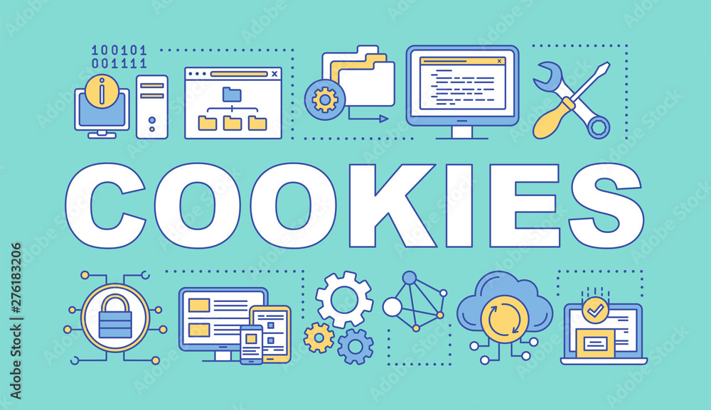 Cookies word concepts banner. Affiliate and referral tracking software. Computing, data storage. Presentation, website. Isolated lettering typography idea, linear icons. Vector outline illustration Cookies word concepts banner. Affiliate and referral tracking software. Computing, data storage. Presentation, website. Isolated lettering typography idea, linear icons. Vector outline illustration