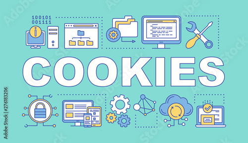 Cookies word concepts banner. Affiliate and referral tracking software. Computing, data storage. Presentation, website. Isolated lettering typography idea, linear icons. Vector outline illustration
