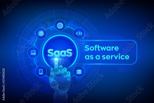 SaaS. Software as a service. Internet and technology concept on virtual screen. Development Concept. SAAS Computing IOT Industry. Robotic hand touching digital interface. Vector illustration.