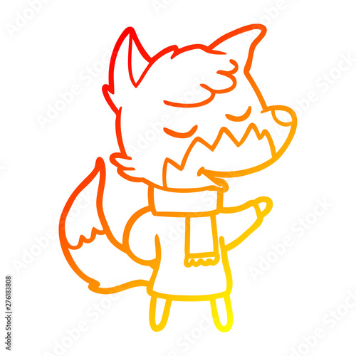 warm gradient line drawing friendly cartoon fox in winter clothes