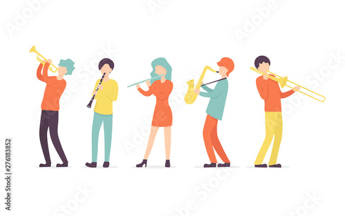 Flat vector set in a flat style of group of musicians, playing clarinet, saxophone, trumpet, flute, trombone instrument. Character collection.