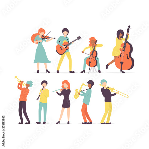 Big flat vector set group of musicians, stringed instruments: violin, contrabass, cello and guitar. Brass and woodwind instruments clarinet, saxophone, trumpet, flute, trombone, .