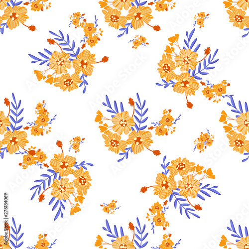 Bright trendy modern seamless pattern. Orange - blue fantastic flowers