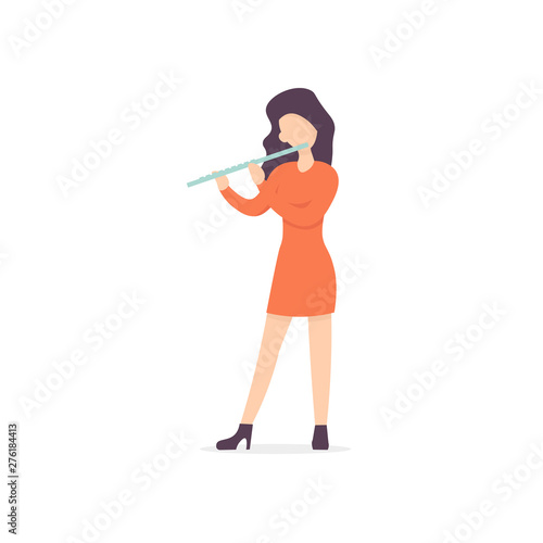 Young woman plays the flute music. Flat vector illustration. 