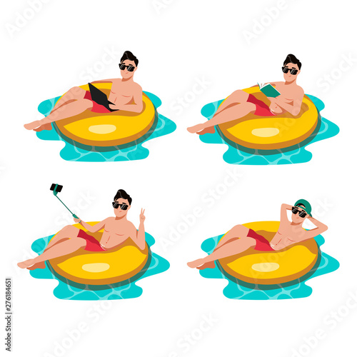 Guy swiming on yellow inflatable ring in swimming pool. Vector cartoon illustration. Summer vacation design elements