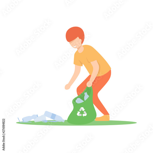 A young guy collects plastic and throws it in a garbage bag, volunteer. Flat vector illustration.