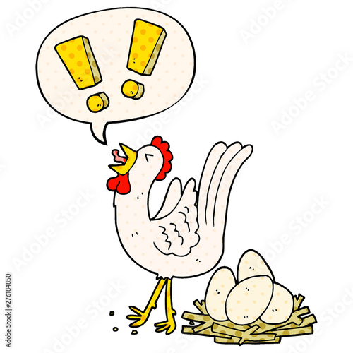 cartoon chicken laying egg and speech bubble in comic book style