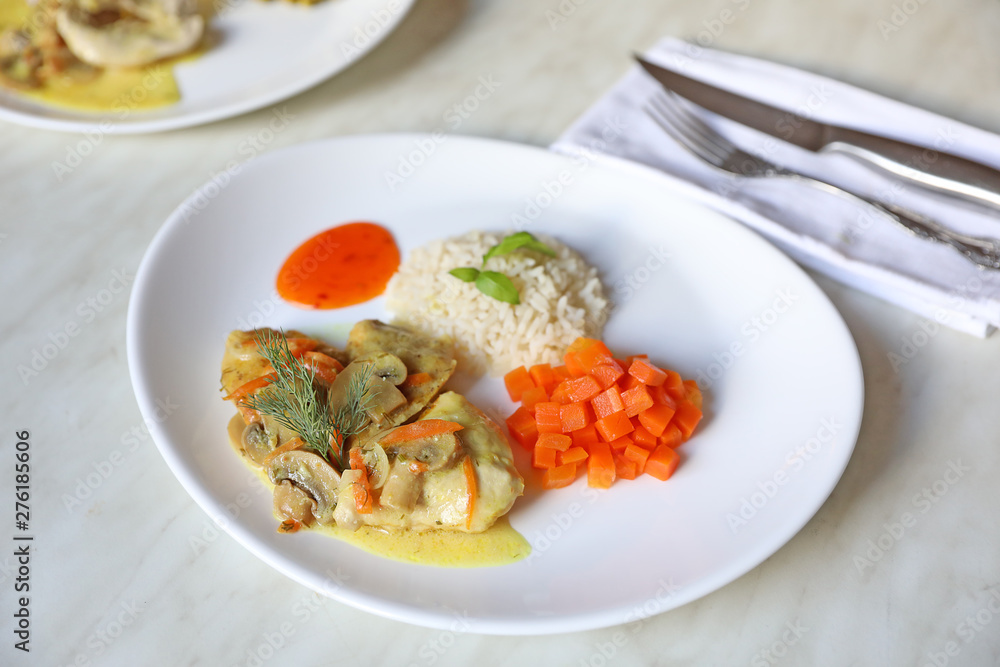 Chicken in mushroom sauce on a plate