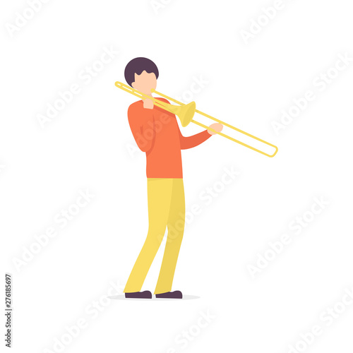 Young guy plays the trombone jazz music. Flat vector illustration. 