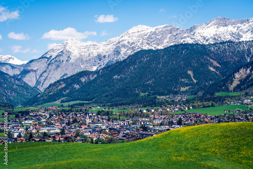 Panoramic view from the hill next to Saalfelden and RItzen lake, Austrian alps.