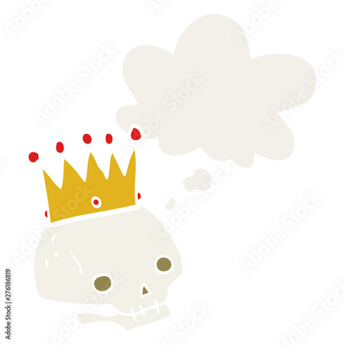 cartoon skull with crown and thought bubble in retro style