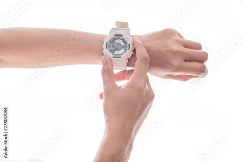 female hands using with white smart watch isolate on a white background