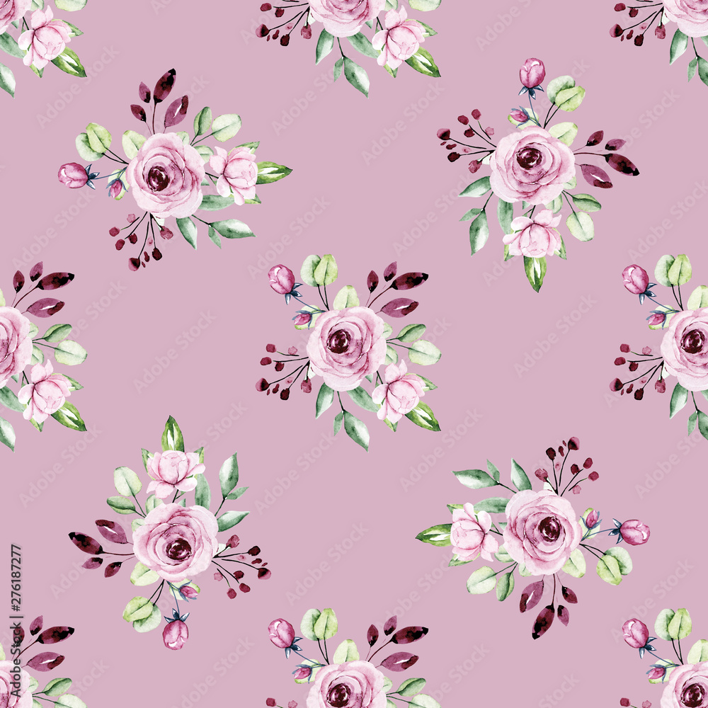 Seamless floral pattern with watercolor flowers pink and violet roses, leaves. Repeating fabric wallpaper print texture. Background perfectly for wrapped paper, backdrop. Hand paint. 