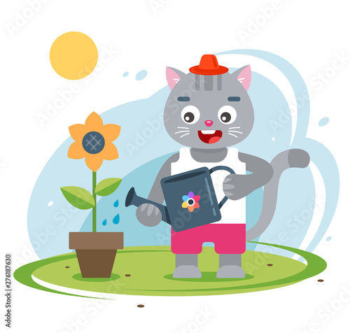 cat farmer caring for his garden. cute character.