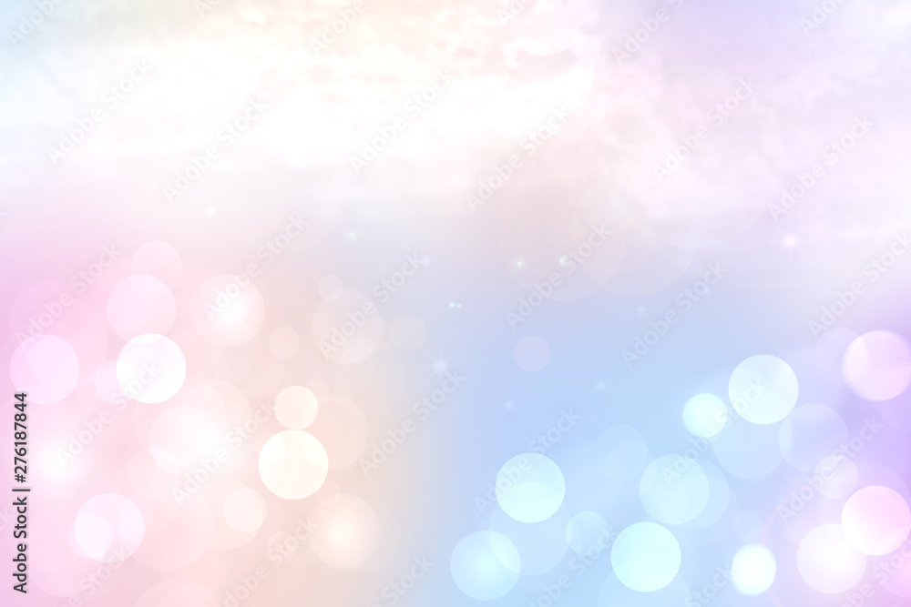 Abstract blurred vivid spring summer light delicate pastel pink bokeh background texture with bright soft color circles and stars. Space for your text. Beautiful backdrop illustration.