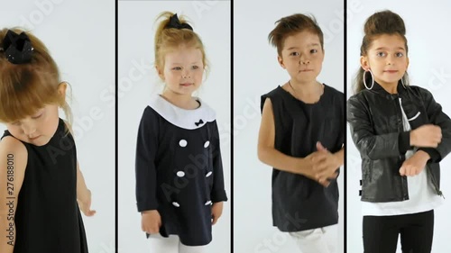 Collage portrait group kids dance school, ballet, hiphop, street, funky and modern dancers. On white studio background. Girl is showing aerobic and dance element. Teen in hip hop