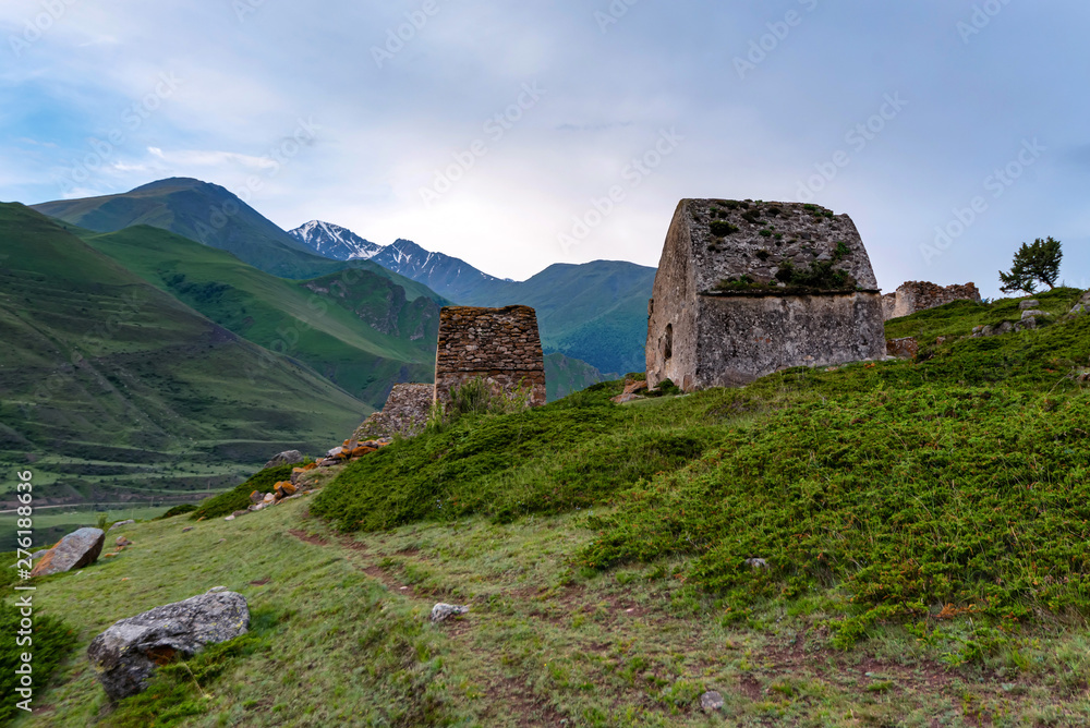 View of medieval tombs in City of Dead near Eltyulbyu, Russia