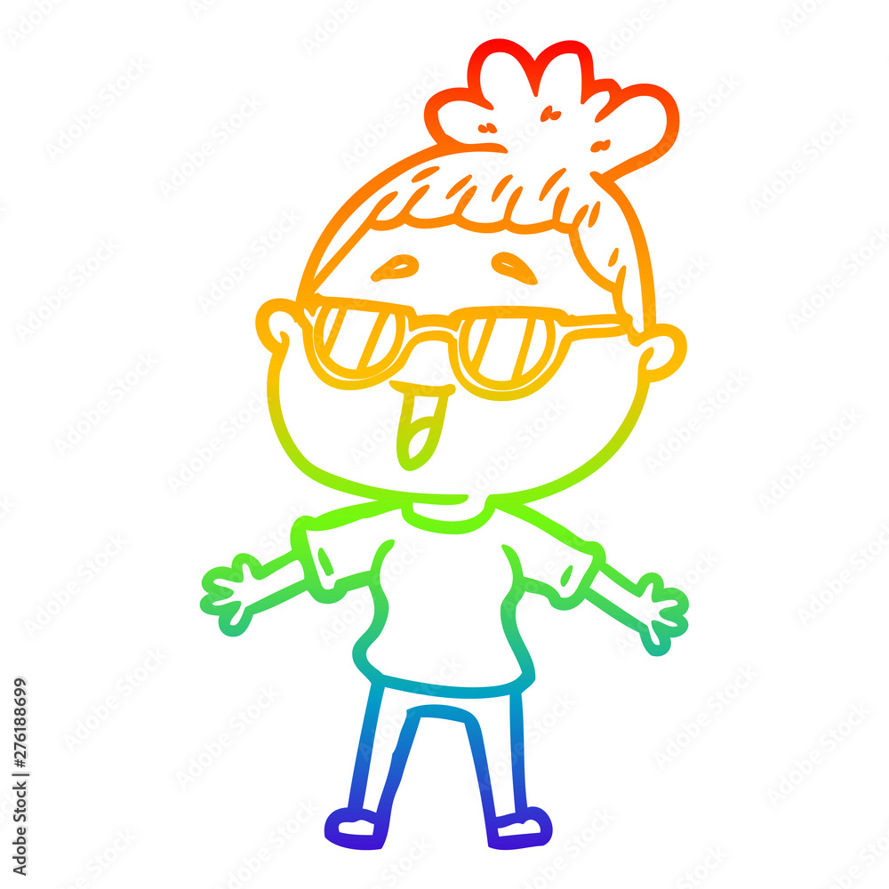 Fototapeta premium rainbow gradient line drawing cartoon happy woman wearing spectacles