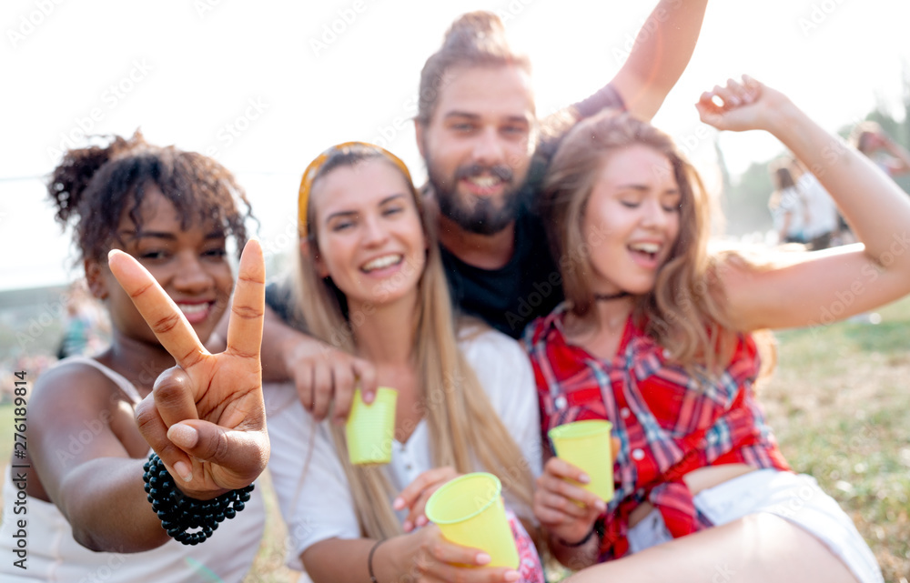 Obraz premium Multiethnic group of young people at music festival sitting on grass and having fun