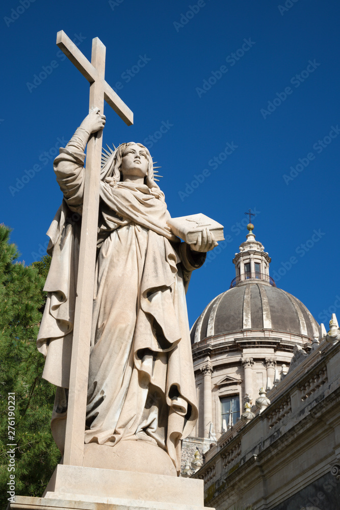 CATANIA, ITALY - APRIL 8, 2018: The statue of St. Agatha in front of Basilica di Sant'Agata.