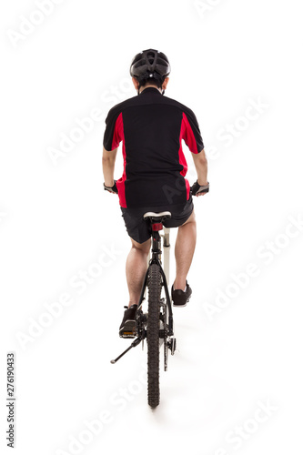 Cycling man full length shot, figure from behind, isolated over white background