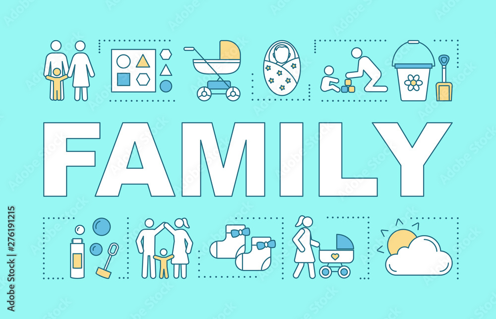 Family word concepts banner. Parents with children. Walk with newborn baby. Time together. Presentation, website. Isolated lettering typography idea with linear icons. Vector outline illustration
