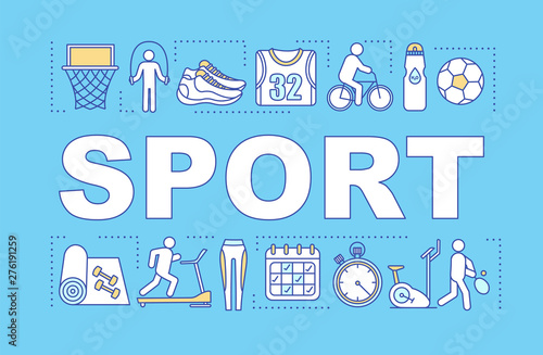 Sport word concepts banner. Family activities. Community gym space. Play basketball, soccer. Presentation, website. Isolated lettering typography idea with linear icons. Vector outline illustration