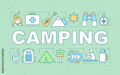 Camping word concepts banner. Family time together. Hiking. Overnight staying in tent. Presentation, website. Isolated lettering typography idea, linear icons. Vector outline illustration